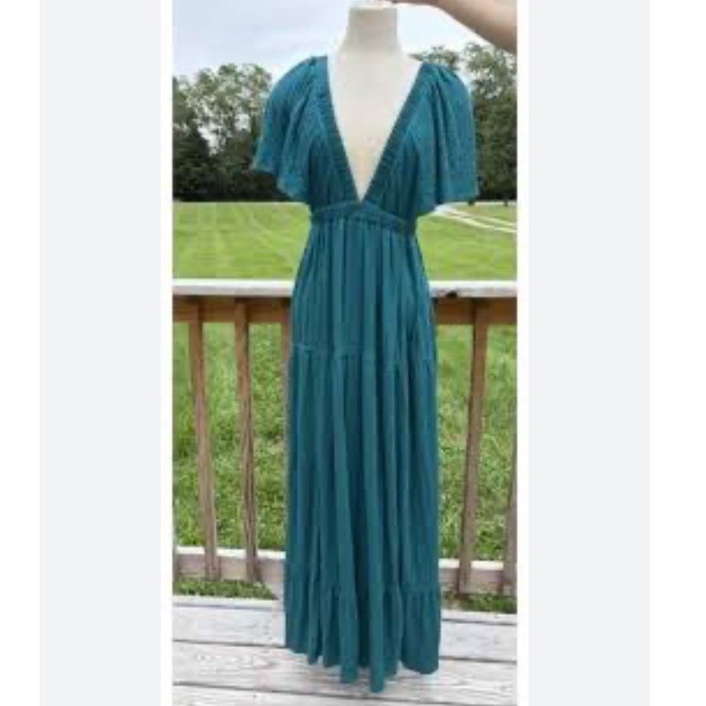 Free People FP Beach Maxi Dress Womens L Blue Deep V-Neck Tiered Flutter Sleeve